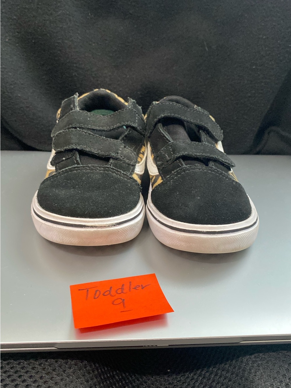 Vans Toddler Black Suede Velcro Sneakers with Leopard Accent